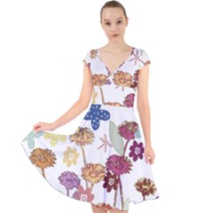 Flowers Butterflies Dragonflies Cap Sleeve Front Wrap Midi Dress