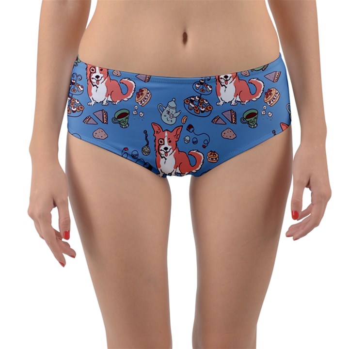 Dog Corgi Pattern Reversible Mid-Waist Bikini Bottoms