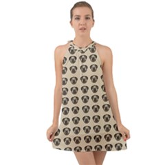 Puppy Dog Pug Pup Graphic Halter Tie Back Chiffon Dress