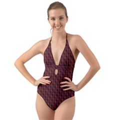 Black And Red Quilted Design Halter Cut-Out One Piece Swimsuit