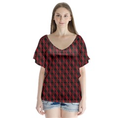 Black And Red Quilted Design V-Neck Flutter Sleeve Top