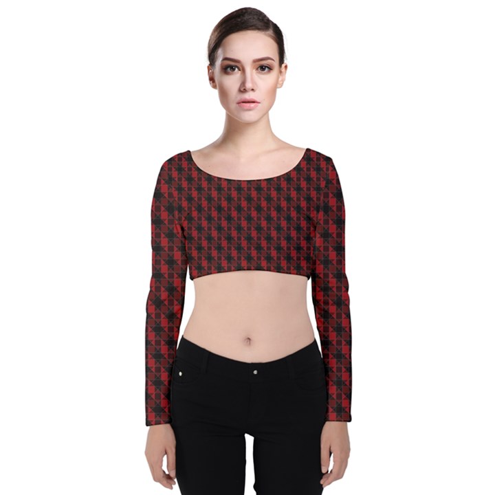 Black And Red Quilted Design Velvet Long Sleeve Crop Top