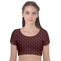 Black And Red Quilted Design Velvet Short Sleeve Crop Top 