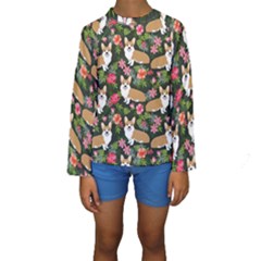 Welsh Corgi Hawaiian Pattern Florals Tropical Summer Dog Kids  Long Sleeve Swimwear by Celenk