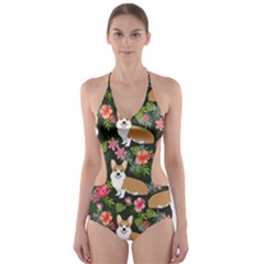 Welsh Corgi Hawaiian Pattern Florals Tropical Summer Dog Cut-out One Piece Swimsuit by Celenk