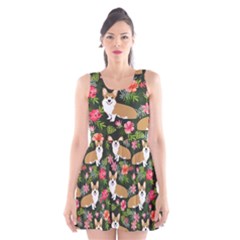 Welsh Corgi Hawaiian Pattern Florals Tropical Summer Dog Scoop Neck Skater Dress by Celenk