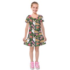 Welsh Corgi Hawaiian Pattern Florals Tropical Summer Dog Kids  Short Sleeve Velvet Dress by Celenk