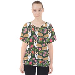 Welsh Corgi Hawaiian Pattern Florals Tropical Summer Dog V-neck Dolman Drape Top