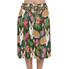 Welsh Corgi Hawaiian Pattern Florals Tropical Summer Dog Velvet Flared Midi Skirt