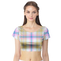 Pink And Yellow Plaid Short Sleeve Crop Top by allthingseveryone