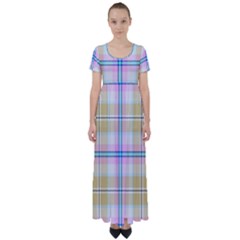 Pink And Yellow Plaid High Waist Short Sleeve Maxi Dress