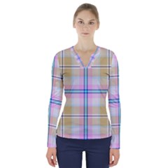 Pink And Yellow Plaid V-neck Long Sleeve Top