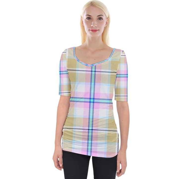 Pink And Yellow Plaid Wide Neckline Tee