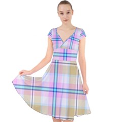 Pink And Yellow Plaid Cap Sleeve Front Wrap Midi Dress