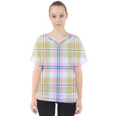 Pink And Yellow Plaid V-neck Dolman Drape Top