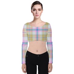 Pink And Yellow Plaid Velvet Long Sleeve Crop Top