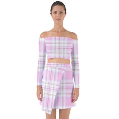 Pink Pastel Plaid Off Shoulder Top With Skirt Set