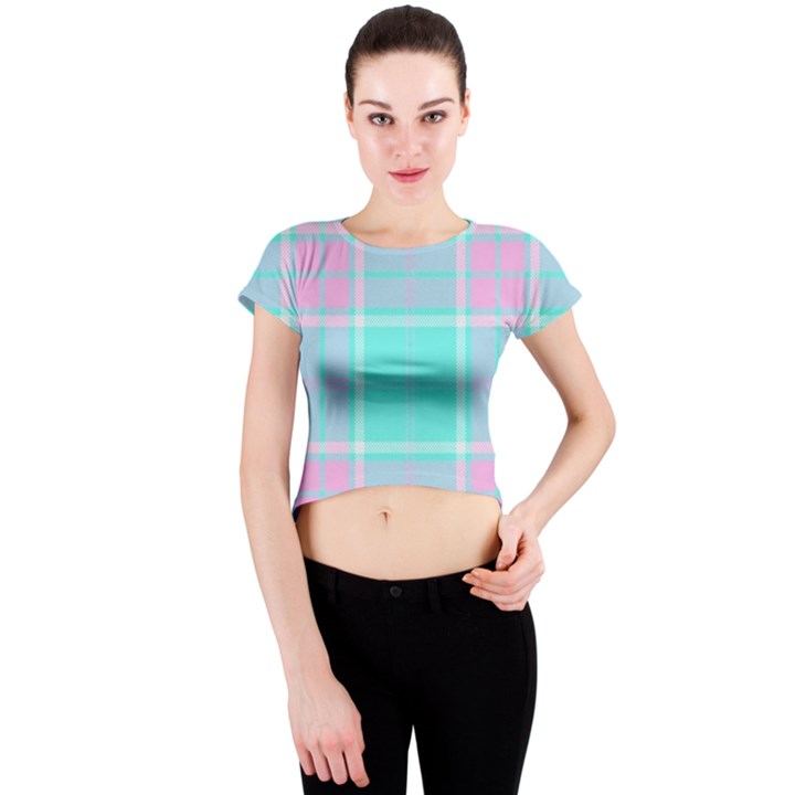 Blue And Pink Pastel Plaid Crew Neck Crop Top