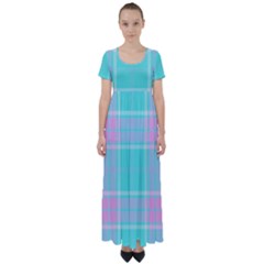 Blue And Pink Pastel Plaid High Waist Short Sleeve Maxi Dress