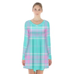 Blue And Pink Pastel Plaid Long Sleeve Velvet V-neck Dress by allthingseveryone