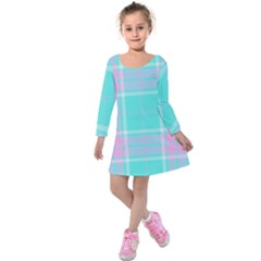 Blue And Pink Pastel Plaid Kids  Long Sleeve Velvet Dress by allthingseveryone