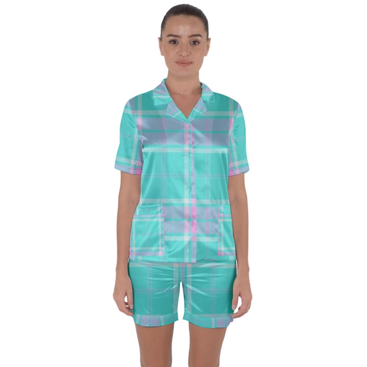 Blue And Pink Pastel Plaid Satin Short Sleeve Pyjamas Set