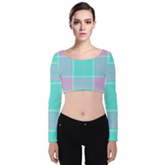 Blue And Pink Pastel Plaid Velvet Long Sleeve Crop Top