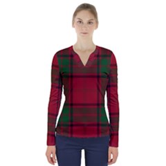 Red And Green Tartan Plaid V-neck Long Sleeve Top