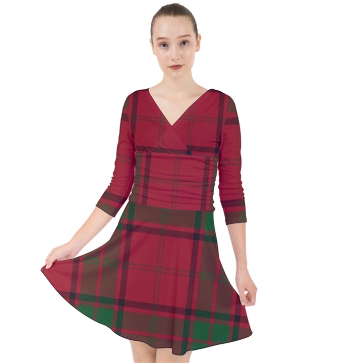 Red And Green Tartan Plaid Quarter Sleeve Front Wrap Dress	