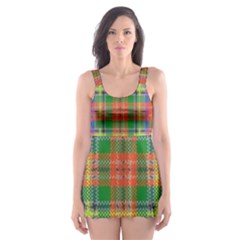 Orange And Green Plaid Skater Dress Swimsuit by allthingseveryone