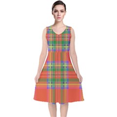 Orange And Green Plaid V-neck Midi Sleeveless Dress 