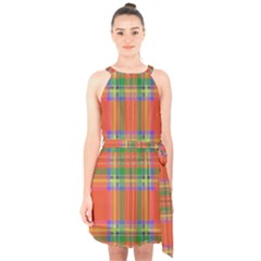 Orange And Green Plaid Halter Collar Waist Tie Chiffon Dress by allthingseveryone