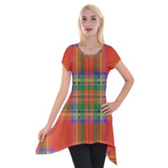 Orange And Green Plaid Short Sleeve Side Drop Tunic