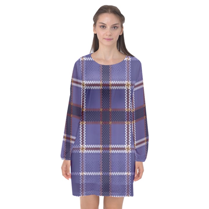 Purple Heather Plaid Long Sleeve Chiffon Shift Dress 