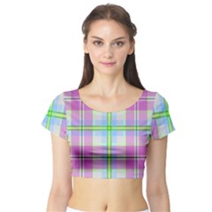 Pink And Blue Plaid Short Sleeve Crop Top by allthingseveryone