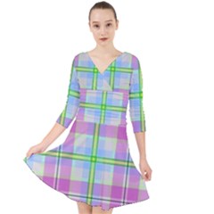 Pink And Blue Plaid Quarter Sleeve Front Wrap Dress	