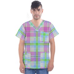 Pink And Blue Plaid Men s V-neck Scrub Top