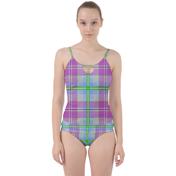 Pink And Blue Plaid Cut Out Top Tankini Set