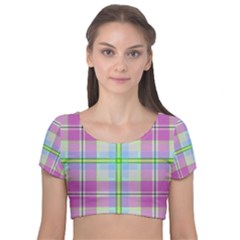 Pink And Blue Plaid Velvet Short Sleeve Crop Top 