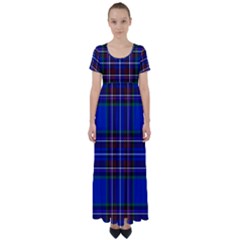 Bright Blue Plaid High Waist Short Sleeve Maxi Dress