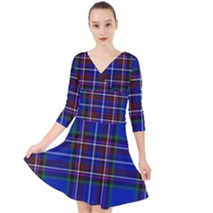 Bright Blue Plaid Quarter Sleeve Front Wrap Dress	