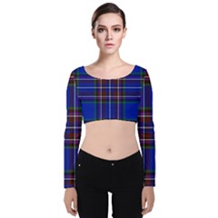 Bright Blue Plaid Velvet Long Sleeve Crop Top