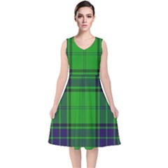 Green And Blue Plaid V-neck Midi Sleeveless Dress 