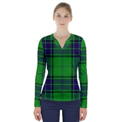 Green And Blue Plaid V-neck Long Sleeve Top