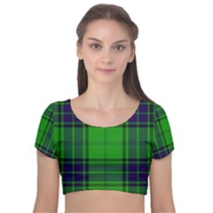 Green And Blue Plaid Velvet Short Sleeve Crop Top 