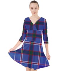 Blue Heather Plaid Quarter Sleeve Front Wrap Dress	