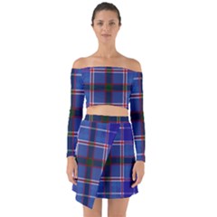 Blue Heather Plaid Off Shoulder Top With Skirt Set