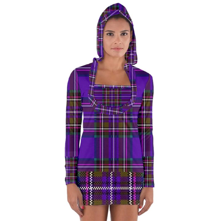 Purple Tartan Plaid Long Sleeve Hooded T-shirt