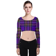 Purple Tartan Plaid Velvet Long Sleeve Crop Top