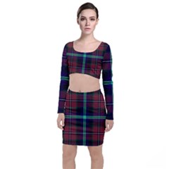 Purple And Red Tartan Plaid Long Sleeve Crop Top & Bodycon Skirt Set